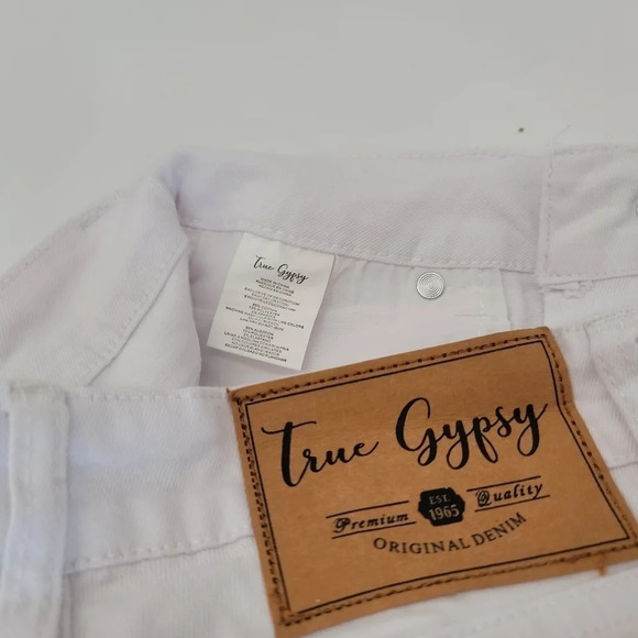 True Gypsy Womens 5 Shorts Cuffed Distressed Zipper Fly Denim Jean White Stretch - Picture 6 of 9